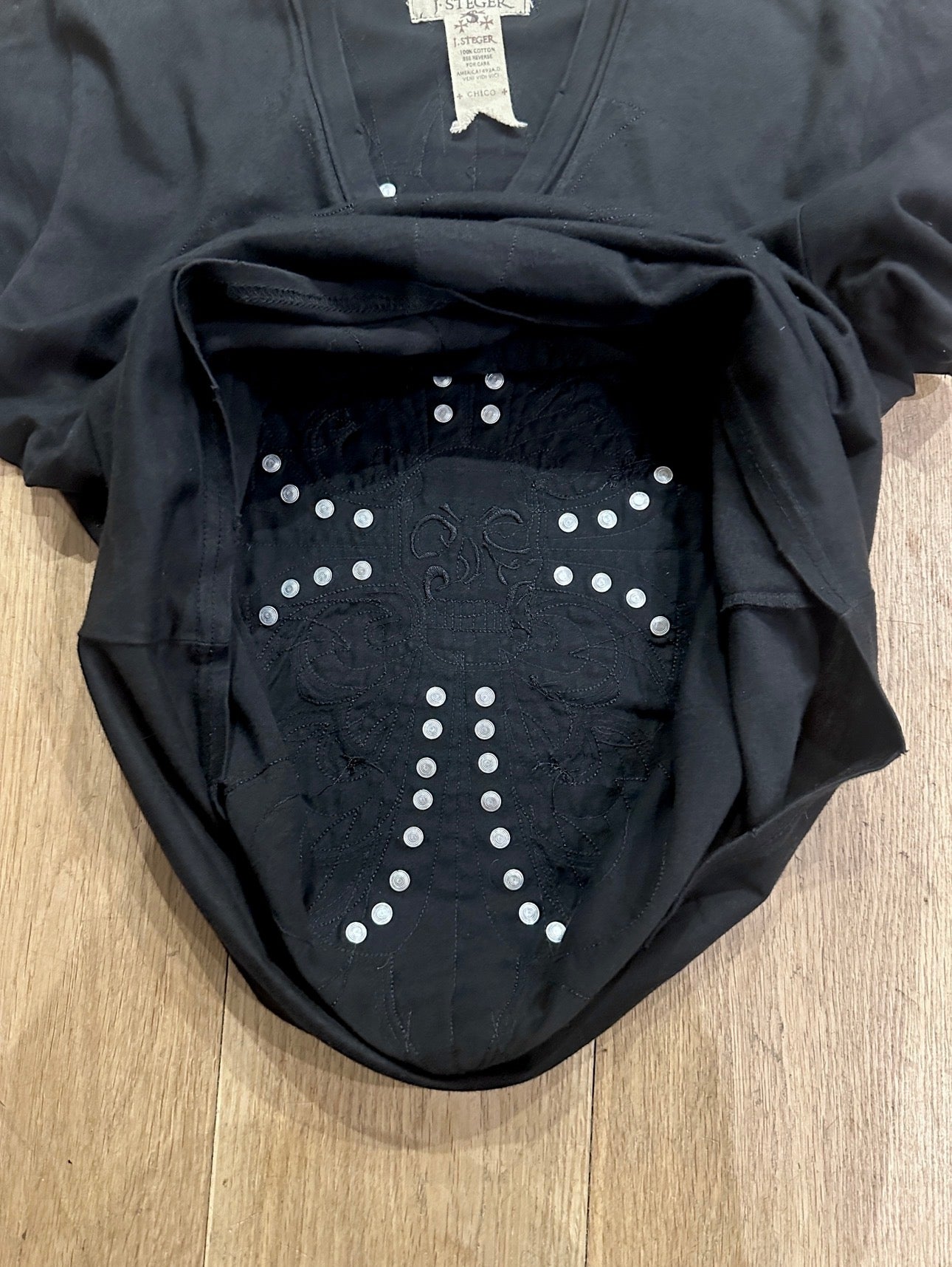 J.Steger Leather Patchwork Studded V-Neck Tee