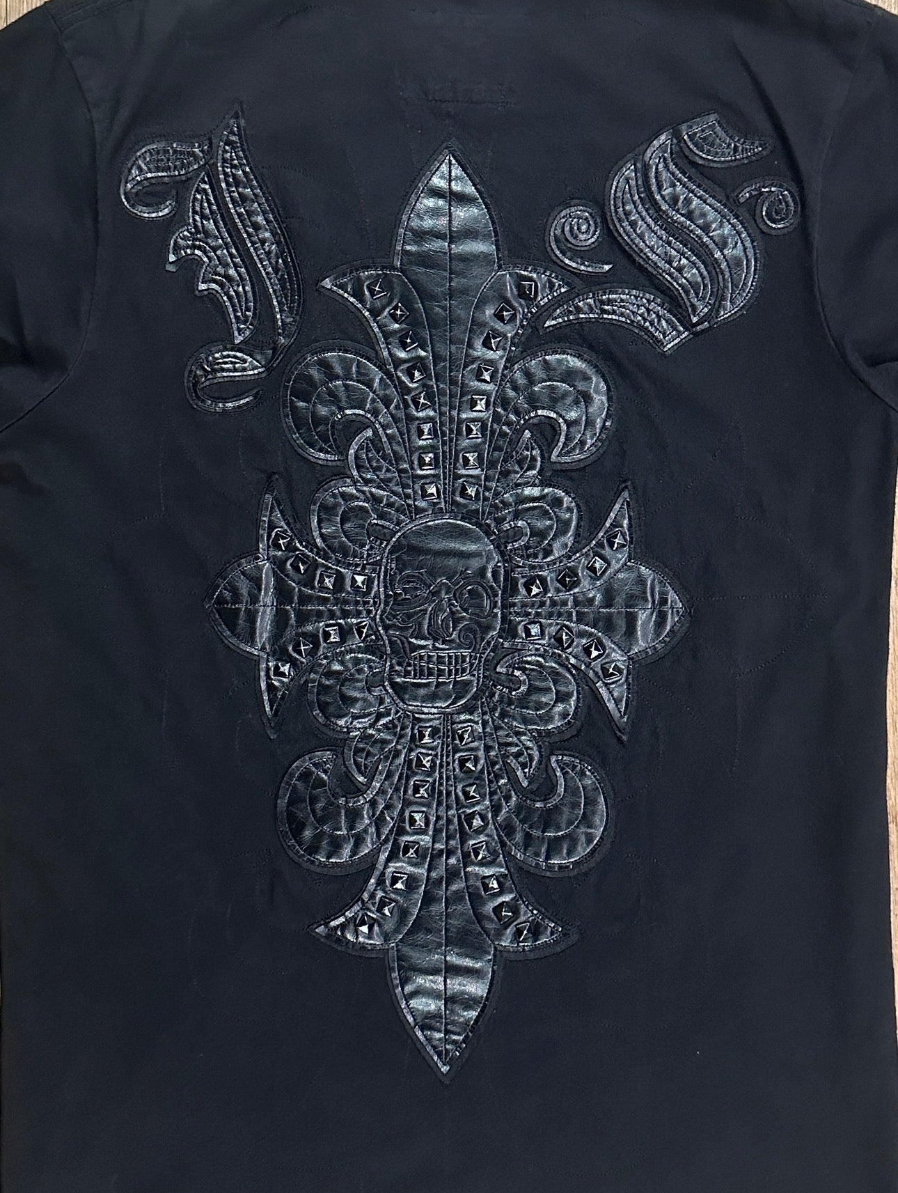 J.Steger Leather Patchwork Studded V-Neck Tee