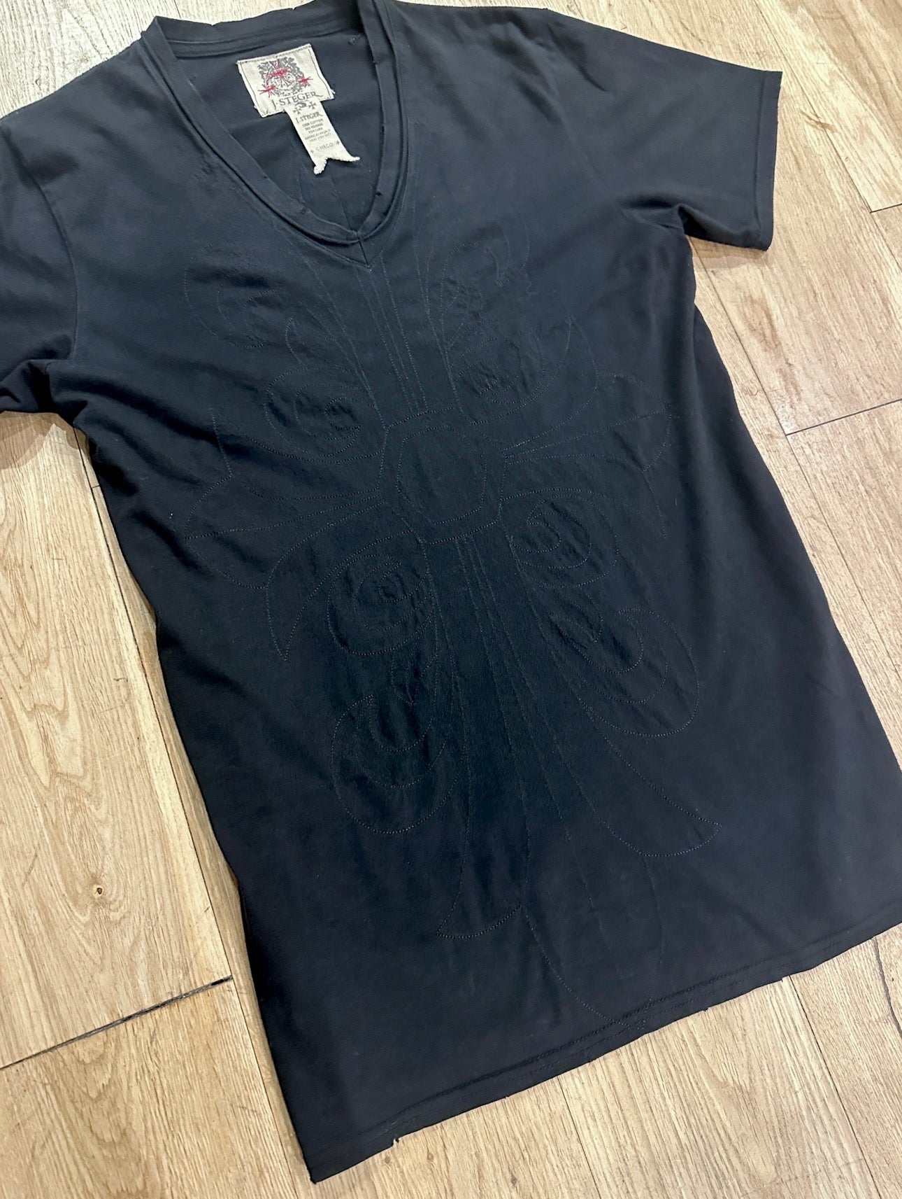 J.Steger Leather Patchwork Studded V-Neck Tee