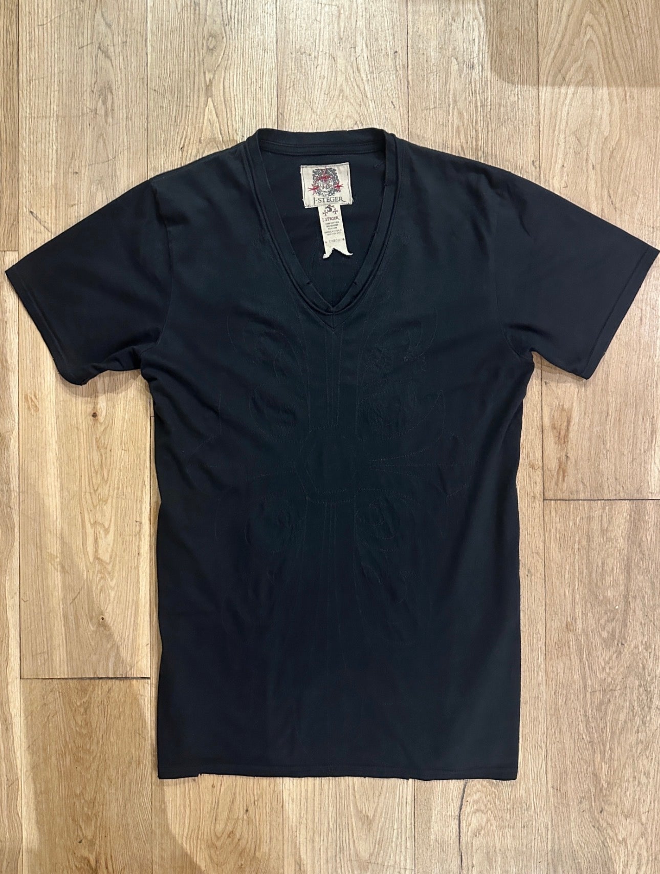 J.Steger Leather Patchwork Studded V-Neck Tee