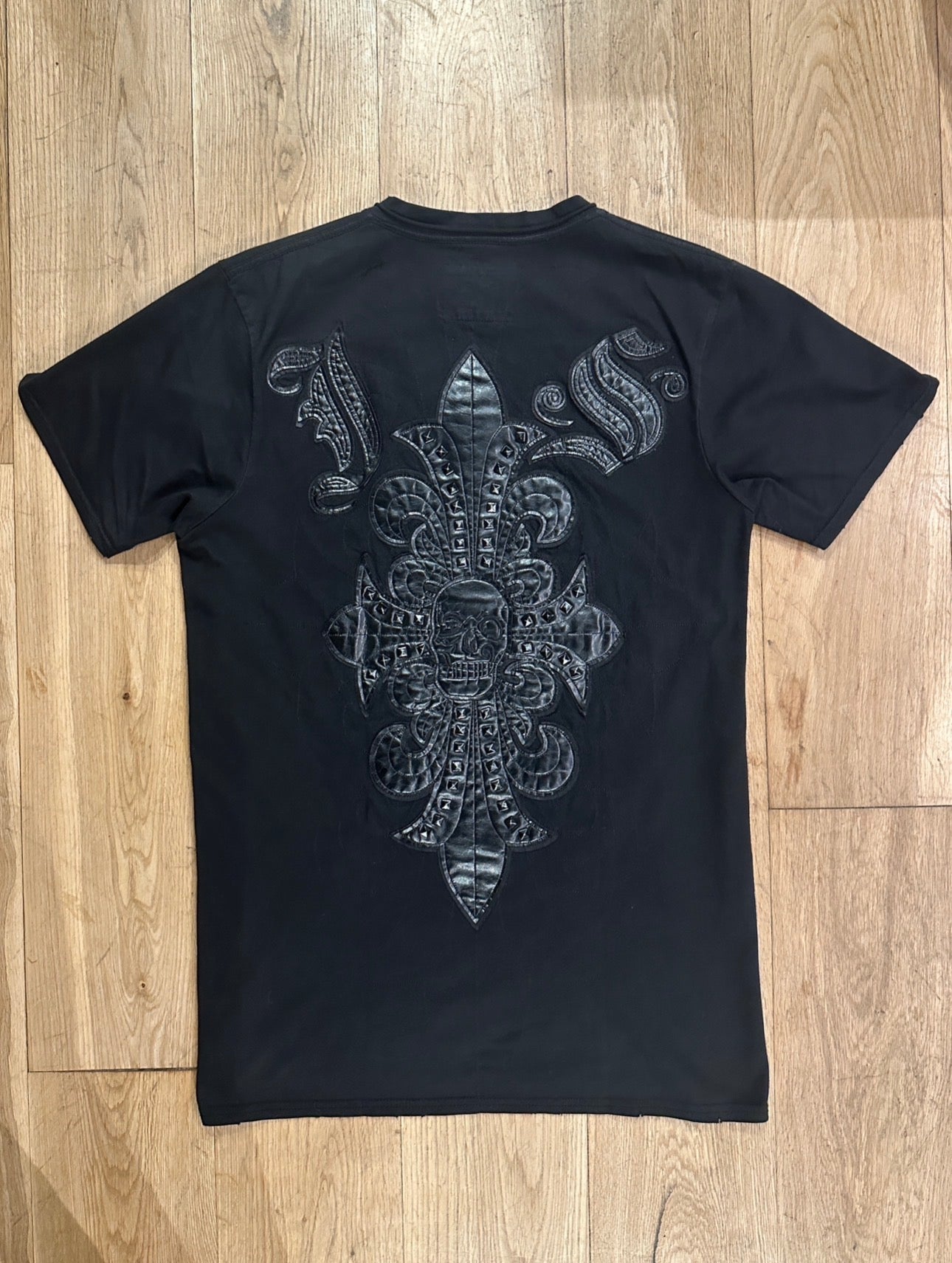 J.Steger Leather Patchwork Studded V-Neck Tee